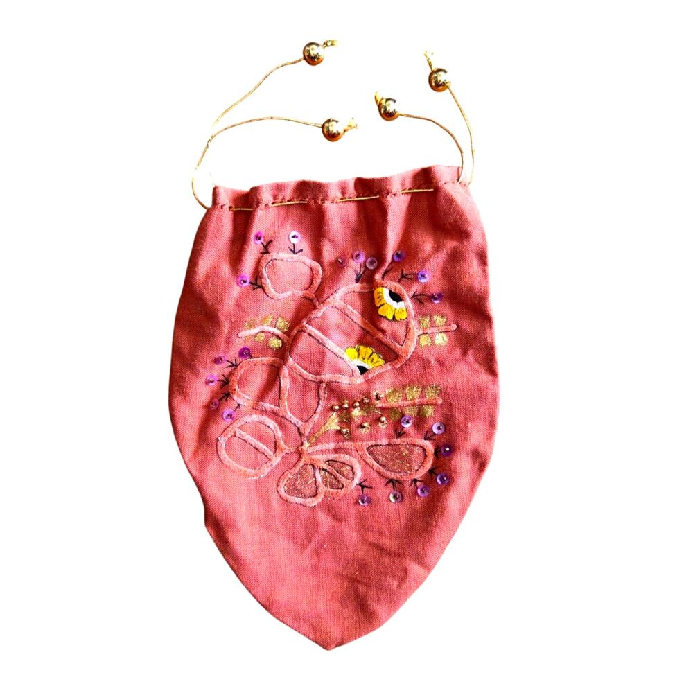 Boho Vintage Linen Drawstring Bag - Embroidered & Beaded Cottage Fairy Core